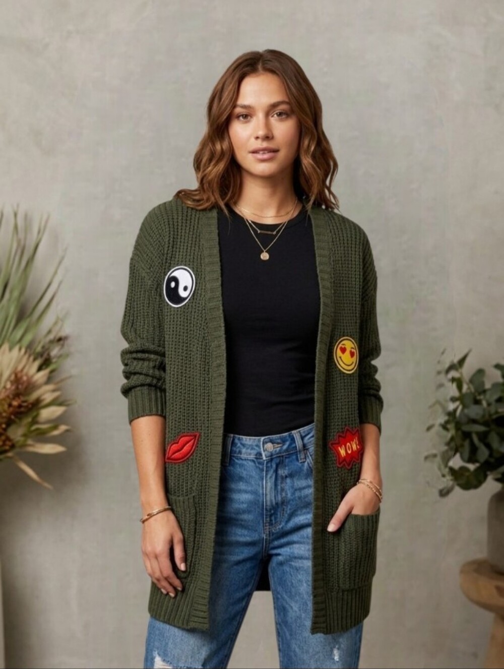 PINK ROSE Women's Army Green Emoji Knit Cardigan